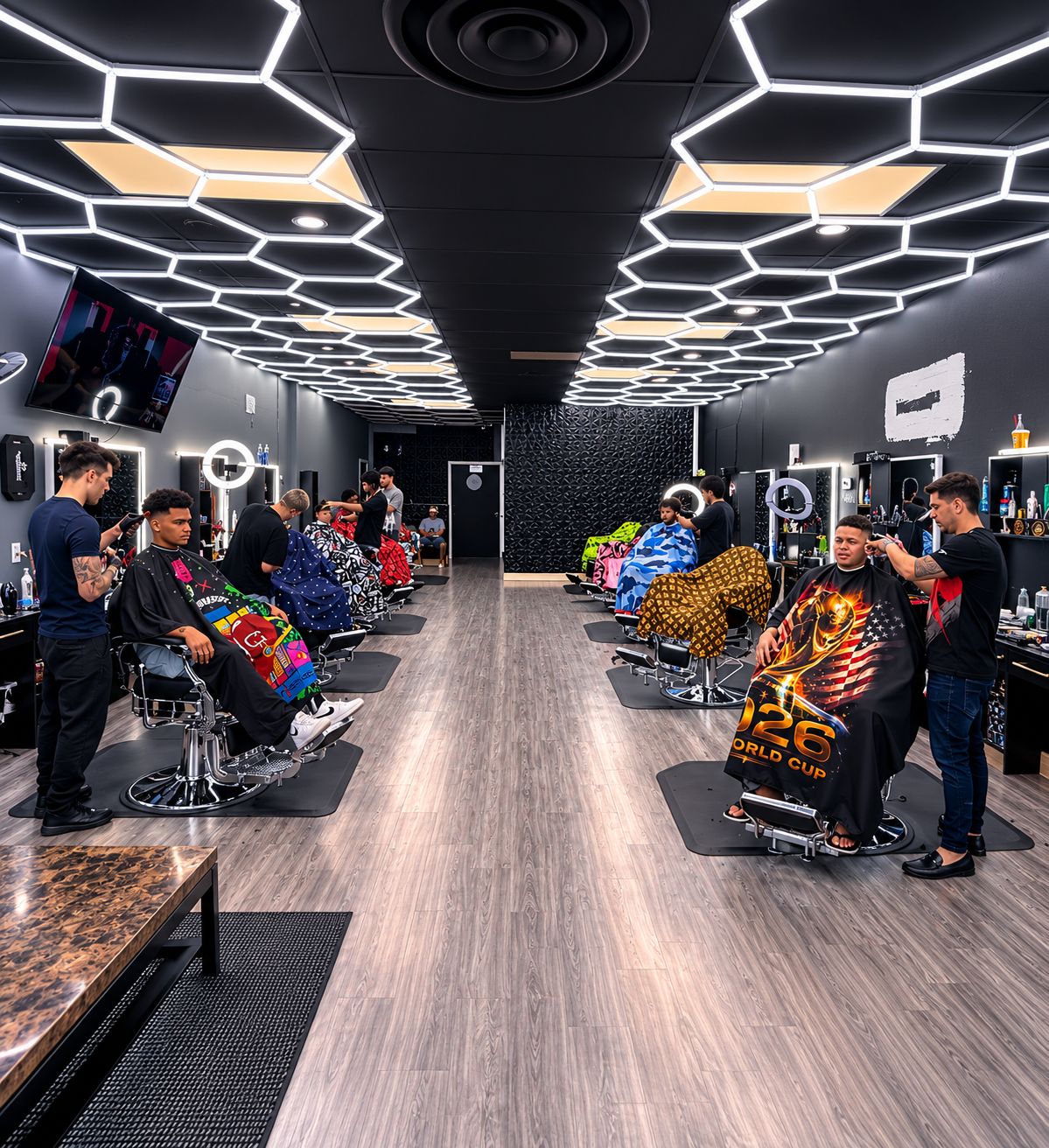 Latin Barbershop interior with hexagonal lighting
